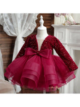 Girls Sequins Elegant Long Sleeve Princess Dress, Fashion Bow V-Neck Fluffy Party Dress Suitable For Christmas, Birthday, Piano Concert